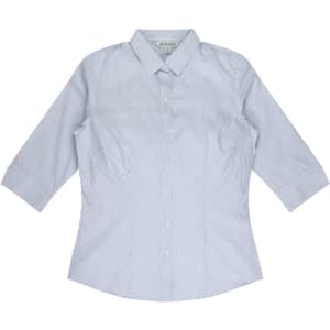 A button-up shirt in light blue and white stripes, featuring a collared neckline and 3/4 sleeves, with a logo.