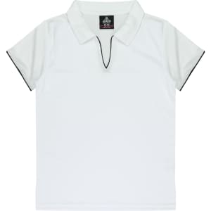 A white polo shirt with black trim and a collar, featuring a logo.