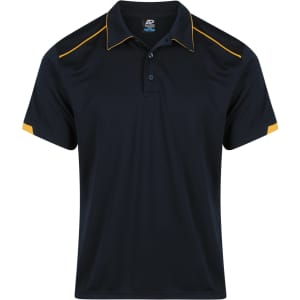 A navy polo shirt with yellow accents on the collar and sleeves, featuring a logo on the chest.