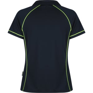 A navy polo shirt featuring lime green piping and a logo. It has a classic collar and short sleeves.