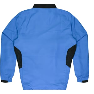 A blue tracktop with black detailing and a collar, featuring elasticised cuffs and a straight cut.