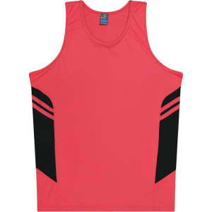 A bright pink singlet with black panels and stripes, featuring a logo on the neckline.