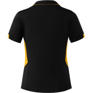 A black polo shirt with yellow side panels and a collar, featuring a branding logo.