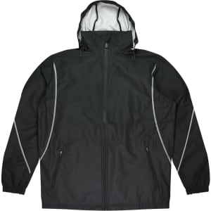 A black jacket with a hood and reflective detailing, featuring two side pockets and an adjustable drawstring hem.
