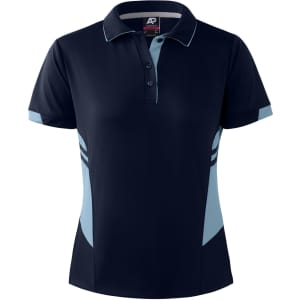 A navy blue polo shirt with light blue accents, featuring a collar and buttons, and has a logo.