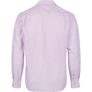 A long sleeve, button-up shirt in light purple with a horizontal stripe pattern and a branded logo.