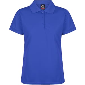A blue polo shirt featuring a collar and buttons, with a branding logo on the inside label.