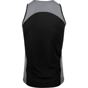 A black and grey singlet featuring a fitted design and a logo on the back.