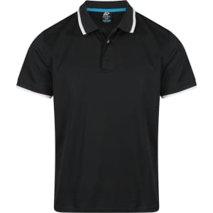 A black polo shirt featuring white stripe accents on the collar and sleeves, with a logo on the chest.