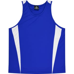 A blue singlet featuring white panels on the sides, with a branding logo on the label.