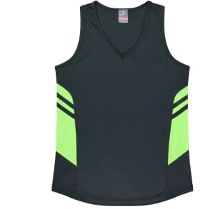 A black singlet featuring vibrant neon green side stripes and a V-neckline, with a logo on the label.
