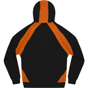 A black hoodie featuring orange accents along the shoulders and back, with a hood and long sleeves.