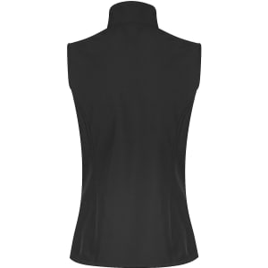 A black women's work vest featuring a high collar and a fitted design, with a logo on the back.