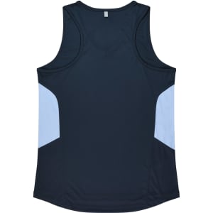 A navy singlet with light blue side panels and a logo on the back.