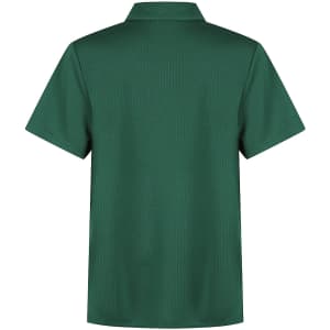 A green polo shirt with a collar, featuring a logo. The shirt has short sleeves and a smooth texture.