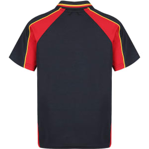 A polo shirt featuring a navy body with red and yellow accents, designed for kids. It includes a logo on the front.