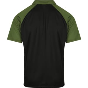 A men's polo shirt featuring a black body with green sleeves, showcasing a clean, simple design.