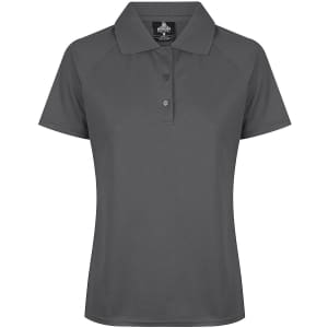 A charcoal grey polo shirt with a collar, buttons, and a logo on the chest.