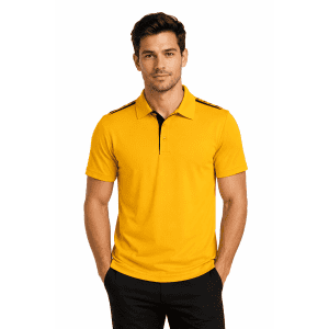 A yellow polo shirt featuring black accents, displayed on a male model with a relaxed pose.