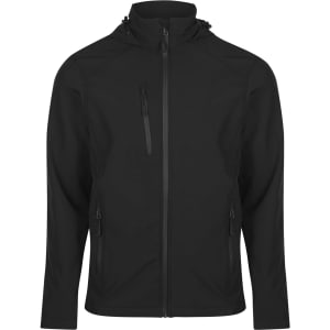 A black jacket featuring zippered pockets and a hood, designed for kids. It has a logo on the front.