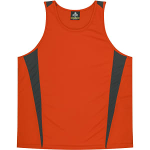 An orange singlet with grey accents, featuring a logo on the neckline. Suitable for kids.