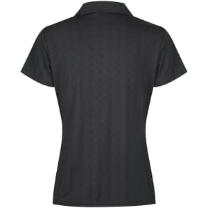 A black ladies' polo shirt with a standard collar and short sleeves, featuring a textured pattern and a logo.