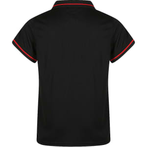 A black polo shirt for kids with red trim on the collar and sleeves; features a logo.