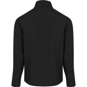 A black soft shell jacket for kids featuring a high collar and long sleeves. It has a logo on the back.