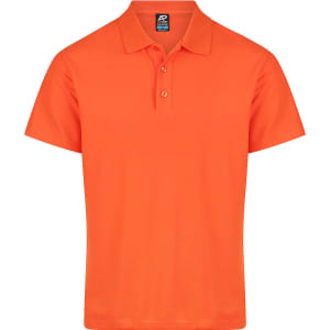 An orange polo shirt with a collar and three buttons, featuring a logo on the label.