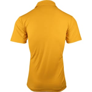 A yellow polo shirt with a classic collar and short sleeves, featuring a logo on the back.