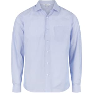 A light blue long sleeve button-up shirt with a chest pocket and a logo on the label.