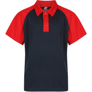 A short-sleeved polo shirt featuring a navy body with red sleeves and a collar, including a logo.