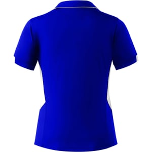 A blue polo shirt with white side panels and a collar. The back is plain and features a logo.