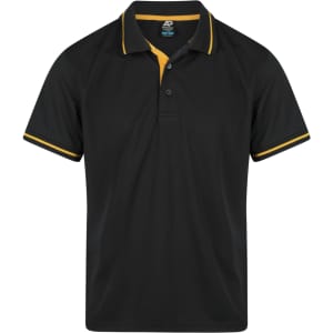 A black polo shirt with yellow accents on the collar and sleeves, featuring a logo on the chest.