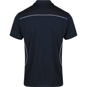 A navy blue polo shirt featuring white accents and a logo. Шirt has a classic collar and a short-sleeve design.