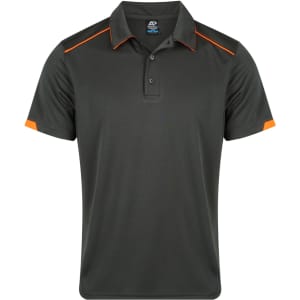 A dark grey polo shirt with orange accents and a logo on the chest. Features a classic collar and short sleeves.