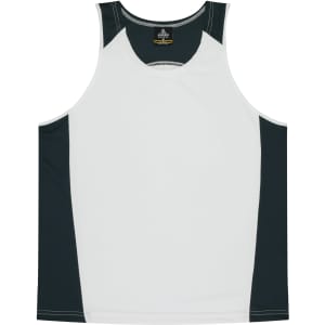 A white and dark green singlet featuring a logo, designed for kids.