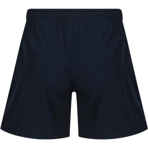Navy blue sports shorts with an elastic waistband and a minimalist design. Features a logo on the back.