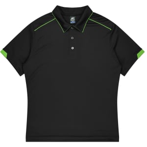 A black polo shirt with green accents and a collar, designed for kids' sports uniforms. It features a logo.