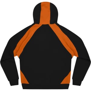 A black and orange hoodie featuring a contrasting design on the sleeves and back, with a hood and flat seams.
