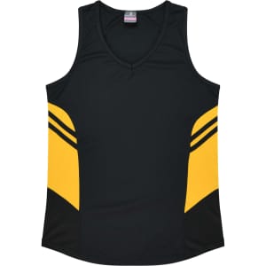A black singlet with yellow accents and a logo. The design features a V-neck and sporty stripes.