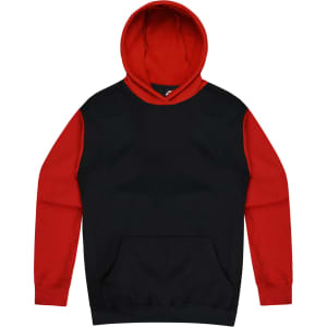 A black hoodie with red sleeves and a red hood, featuring a front pocket and a logo on the upper chest.