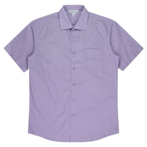 A short sleeve button-up shirt in light purple with a chest pocket and a brand logo present.