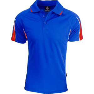 A blue polo shirt with red and white accents, featuring a collar and a logo.