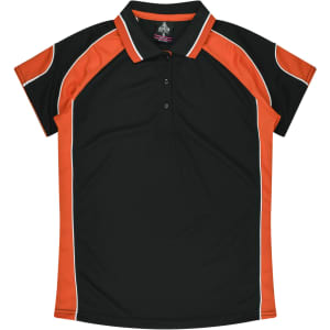 A black and orange polo shirt with short sleeves and a collar, featuring contrasting panels and a logo.