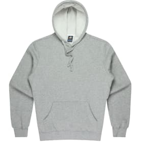 A grey men's hoodie with a front pocket and drawstring hood, featuring a logo on the tag.