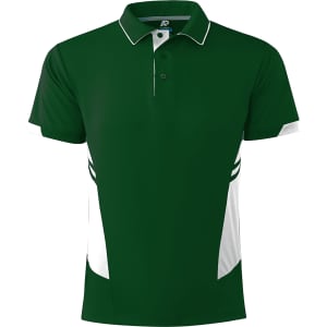 A green men's polo shirt featuring white accents and a logo on the chest.