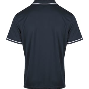 A dark polo shirt featuring two-tone stripes at the collar and sleeves, with a logo on the back.