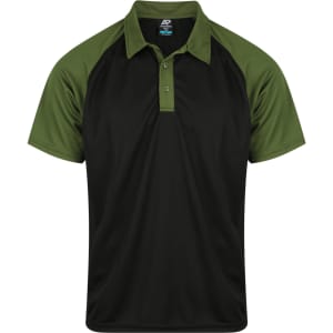 A black polo shirt with green sleeves and a logo on the chest, featuring a classic collar and short sleeves.