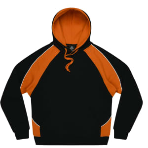 A black and orange hoodie featuring a kangaroo pocket and a hood, with a logo on the front.